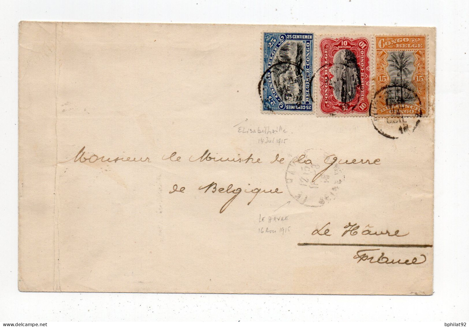 !!! CONGO BELGE, LETTRE D'ELISABETHVILLE DE 1915 POUR LE HAVRE, BEL AFFRANCH TRICOLORE - Lettres & Documents
