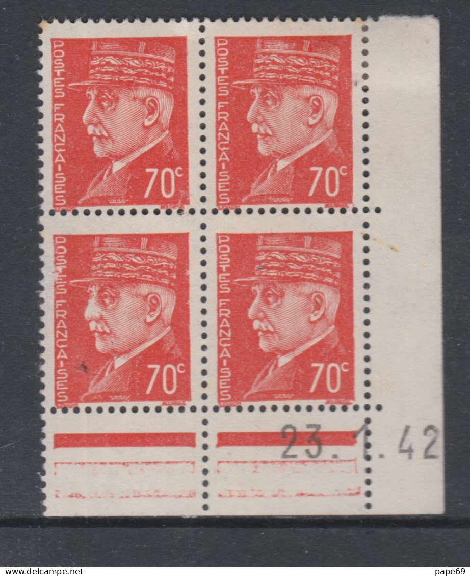 France N° 511 (.) : Type Mal  Pétain :70 C. Orange En Bloc De 4 Coin Daté Du  23 . 1 . 42 ; Neuf Sans Gomme Sinon TB - 1940-1949