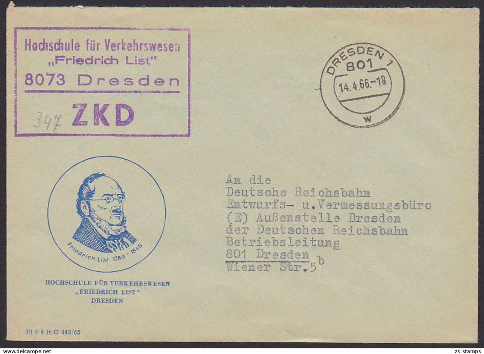 Dresden R4 ZKD-St. Hochschule F. Verkehrswesen Friedrich List 14.4.66 - Central Mail Service