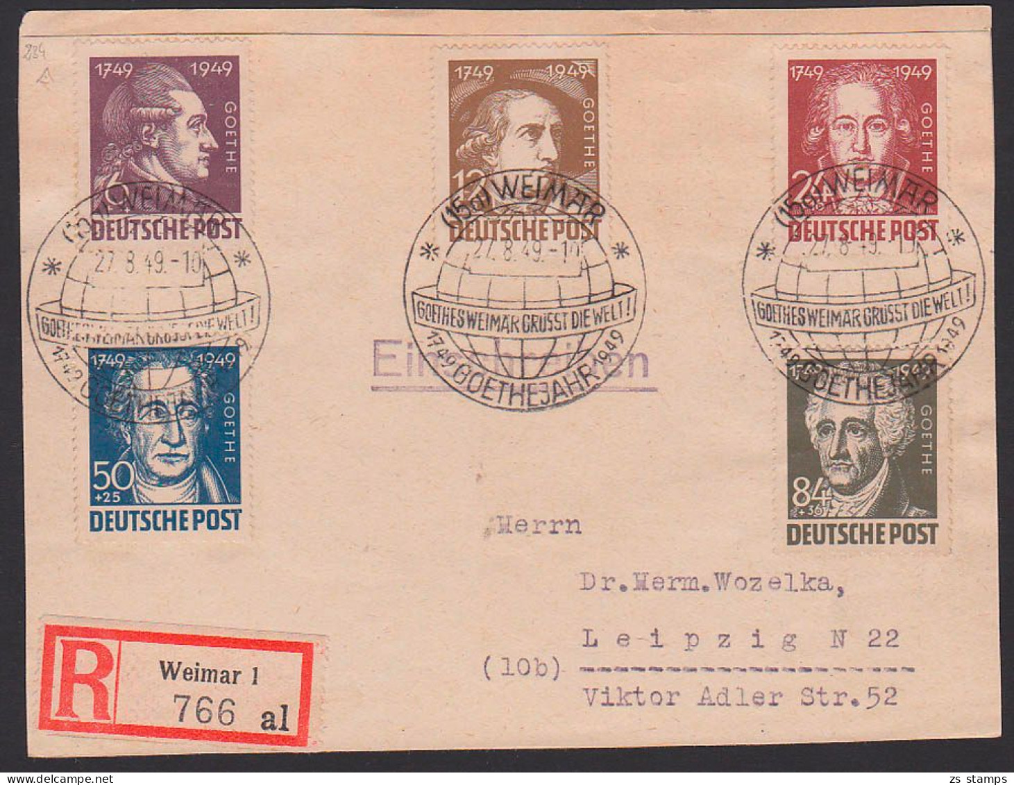Weimar, Johann Wolfgang Von Goethe SSt 1949 Auf R-Bf-Vorderseite SBZ 234/38 - Briefe U. Dokumente