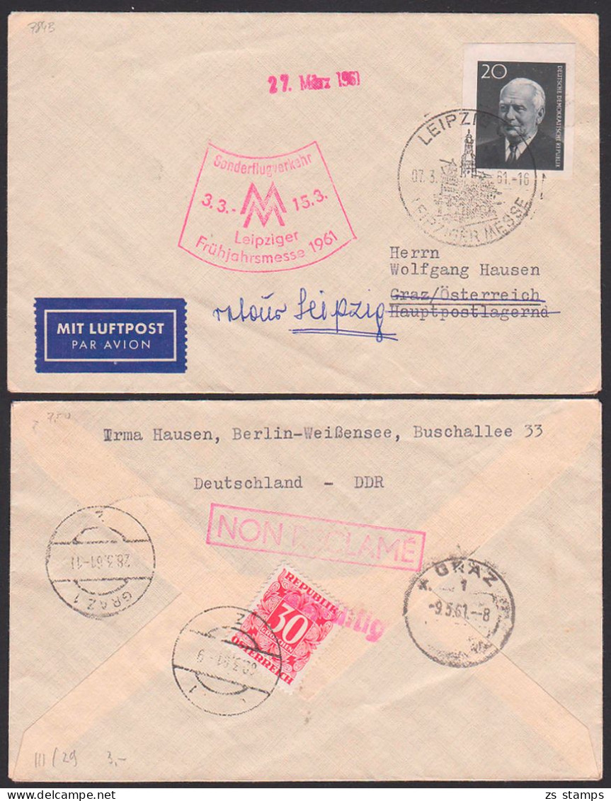Leipzig 20 Pfg. Wilhelm Pieck Aus Block Nach Graz, Rs. Portomarke, Zurück, Messeflugverkehr - Lettres & Documents
