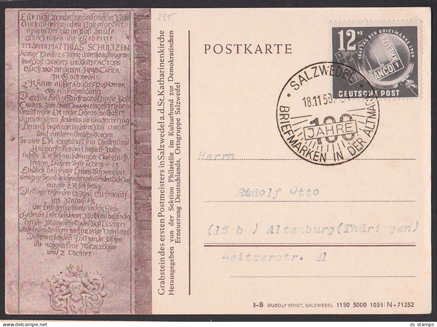 Salzwedel Postkarte Schmuckzudruck Grabstein Des Postmeisters SSt 18.11.50 DDR 235 - Covers & Documents