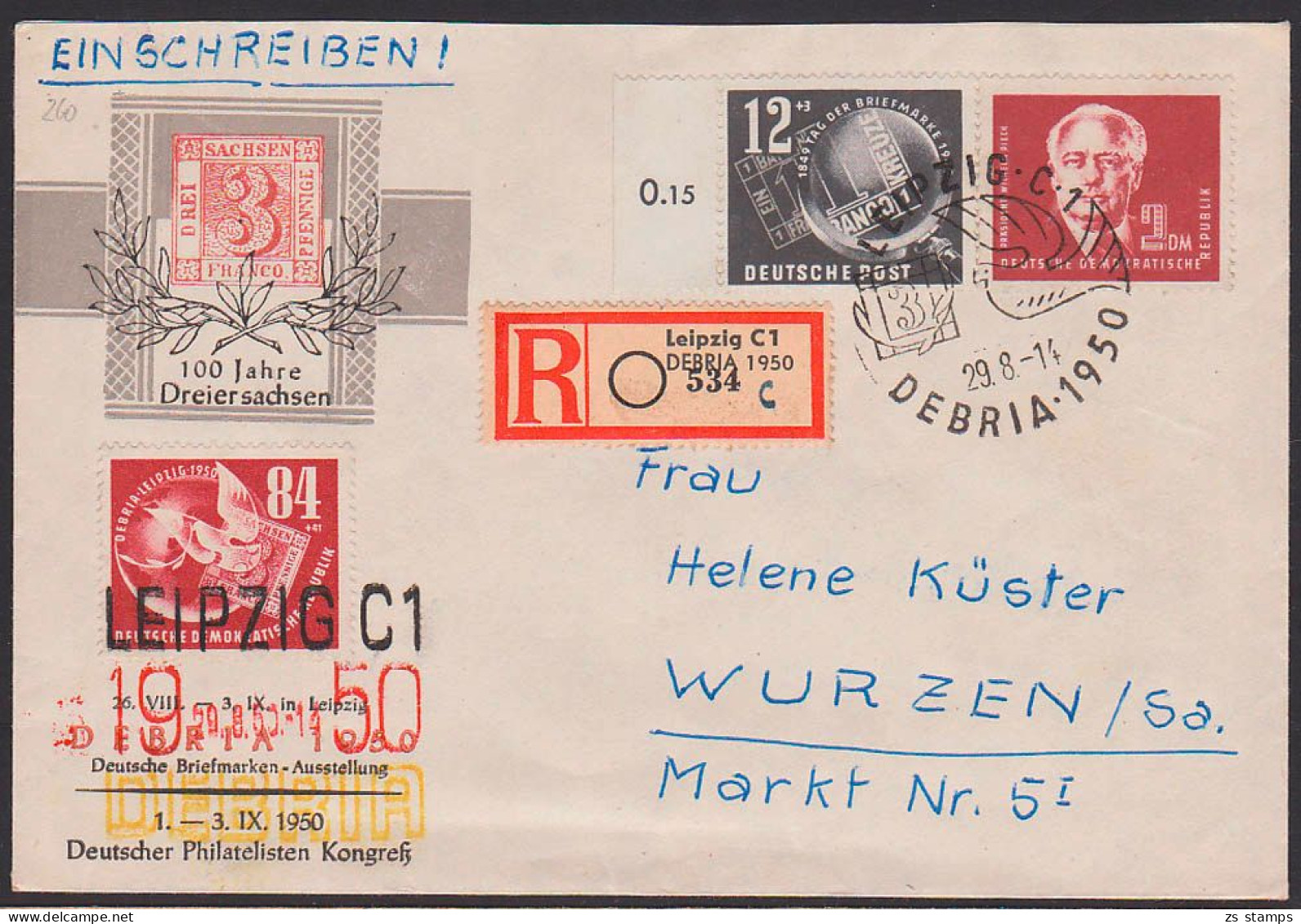 Leipzig R-Bf Sonderumschlag 3-Farbenst. DEBRIA 2 DM Wilhelm Pieck 29.8.50 - Lettres & Documents