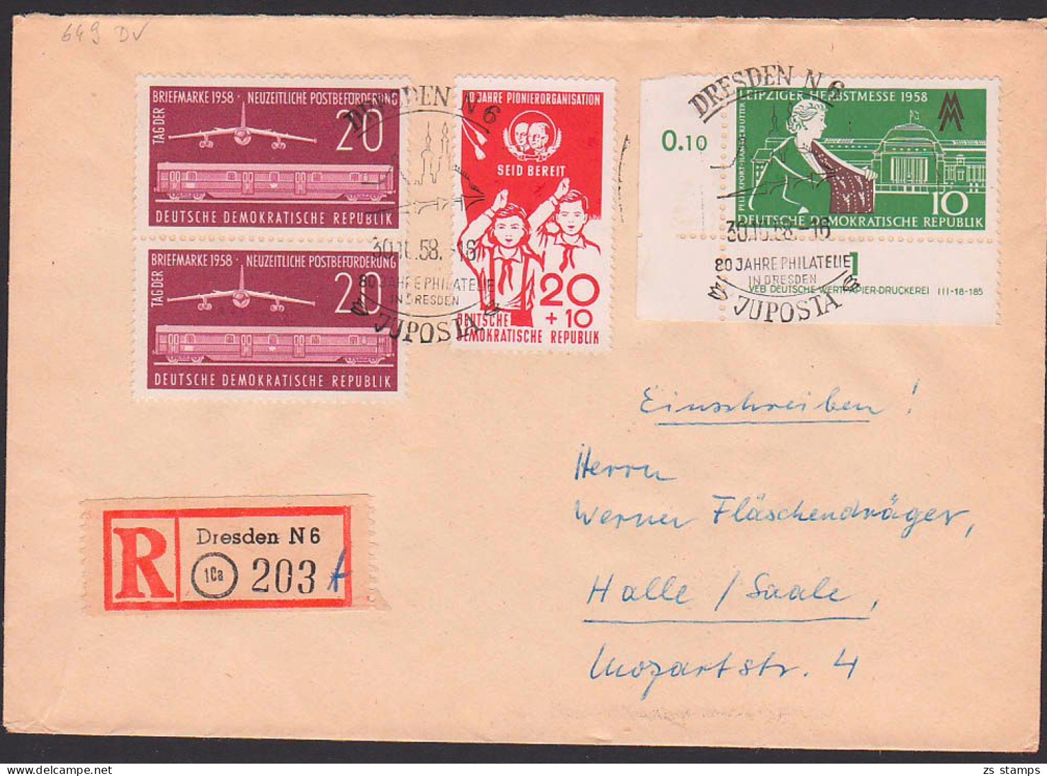 Dresden SSt. JUPOSTA Azf R-Brief Mit 10 Pfg. Messe 1958 Mit Druckvermerk DDR 649 DV - Lettres & Documents