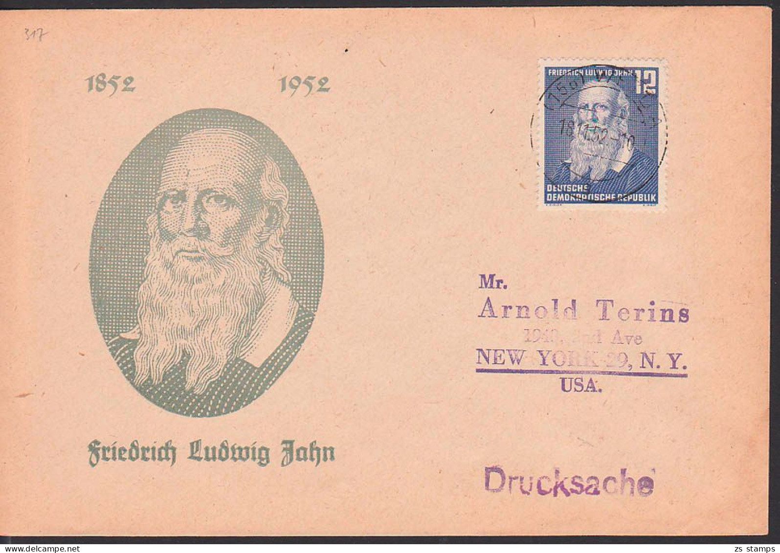 Weida 18.11.52 12 Pfg. Friedrich Ludwig Jahn, Turnvater, DDR 317 Als Drucksache Nach USA, Auf Schmuckbrief - Covers & Documents