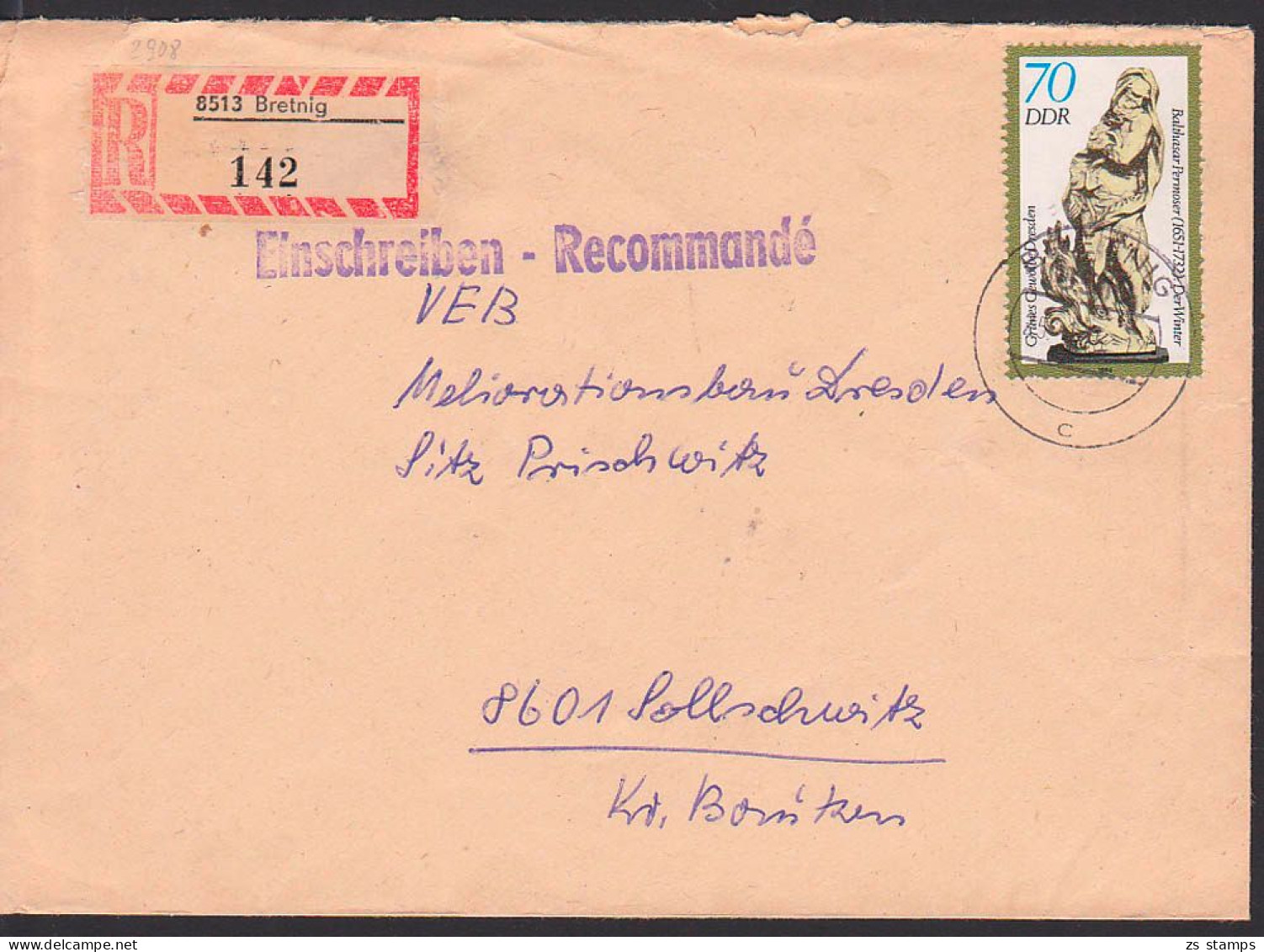 Bretnig R-Bf Mit 70 Pfg. Grünes Gewölbe Dresden 2908 - Briefe U. Dokumente