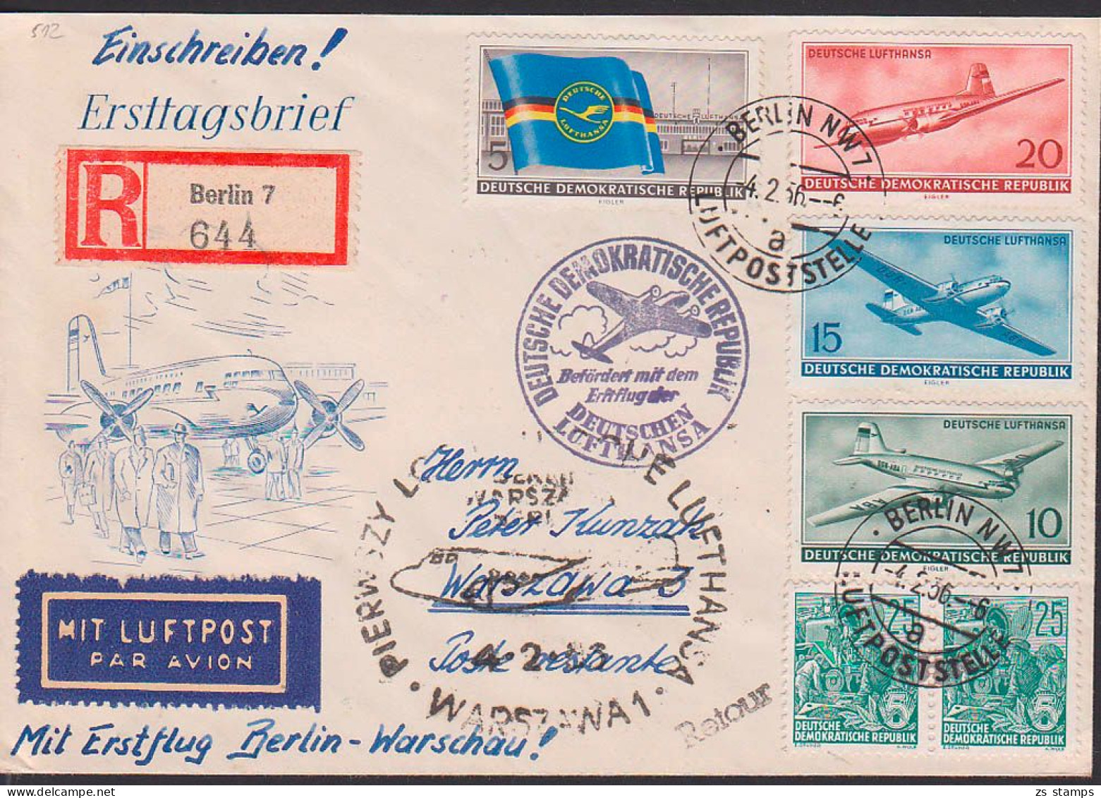 Berlin Ost. Luftpoststelle Nach Warschau Lufthansa Kpl. Mit Bestätigungsst. Erstflug 4.2.56 - Covers & Documents