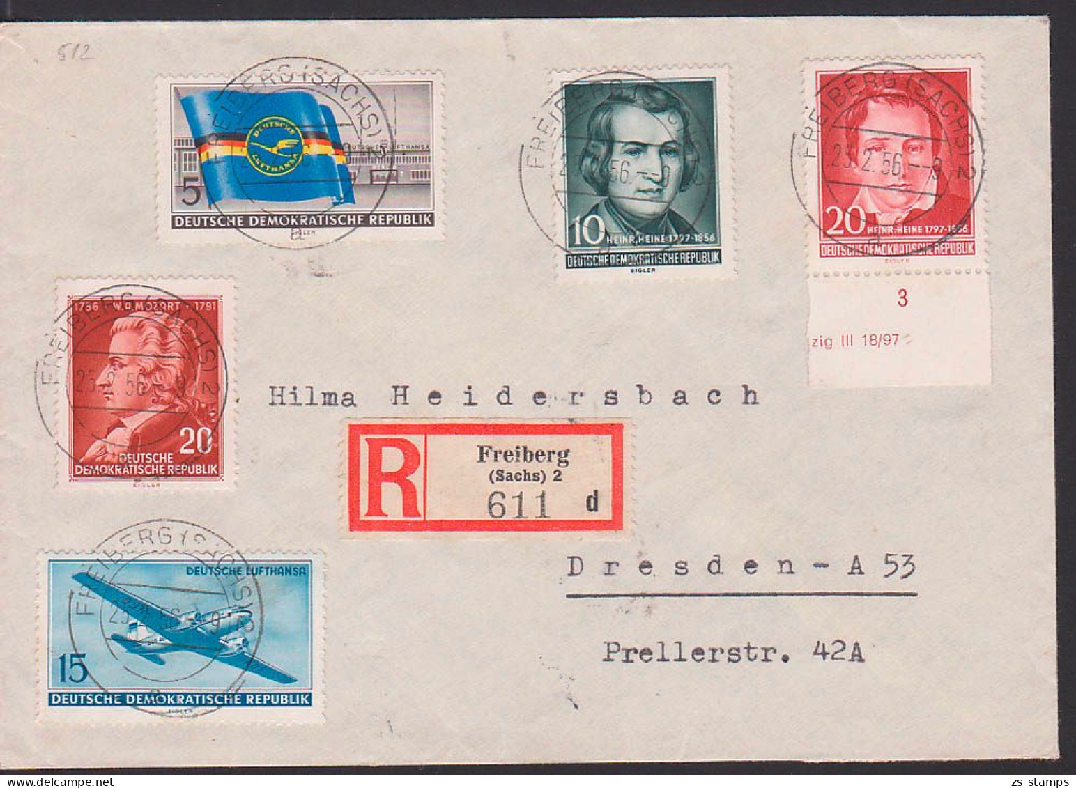 Freiberg 5 Pfg. Lufthansa Mit Heinrich Heine Auf R-Brief Portogenau, DDR 512 - Covers & Documents