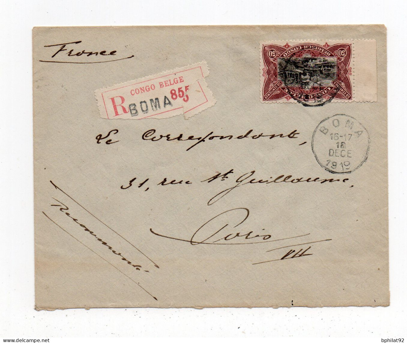 !!! CONGO BELGE, LETTRE RECOMMANDEE DE BOMA DE 1919 POUR PARIS - Lettres & Documents