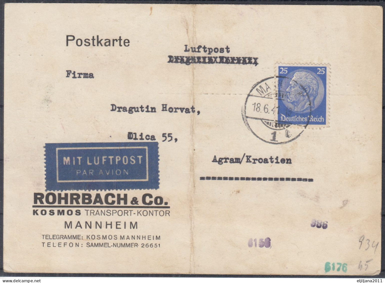 ⁕ Germany, Deutsches Reich 1941 Mannheim ⁕ Luftpost Airmail Postkarte To Agram / Kroatien - Lettres & Documents