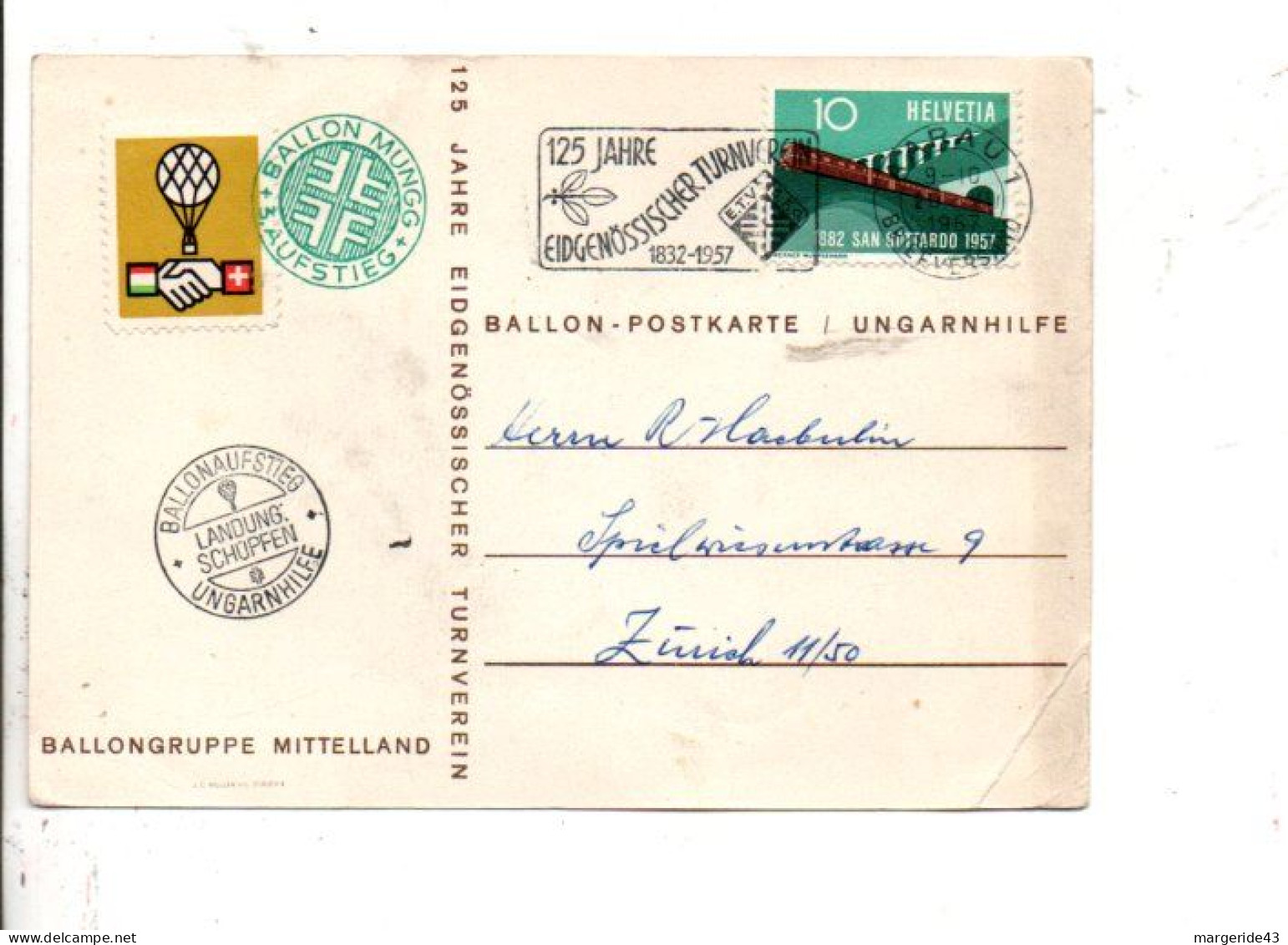 SUISSE CARTE TRANSPORTEE PAR BALLON 1957 - Brieven En Documenten