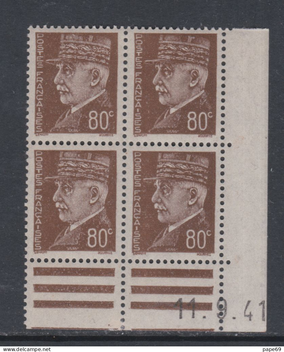 France N° 512 XX : Type Maréchal  Pétain : 80 C. Brun En Bloc De 4 Coin Daté Du  11 . 9 . 41 ;  Sans Charnière, TB - 1940-1949