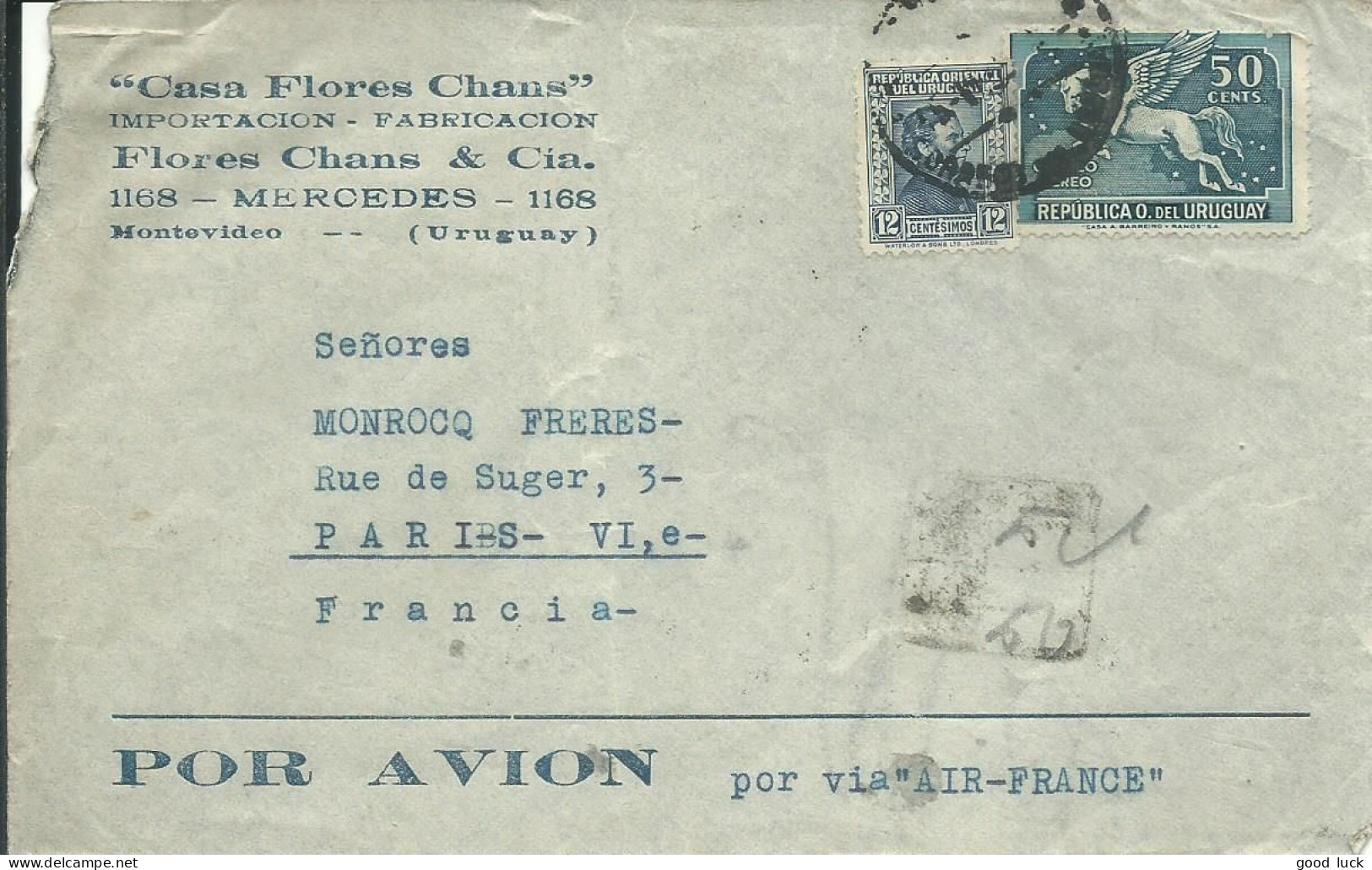 URUGUAY LETTRE RECOMMANDEE A ENTETE PAR AVION 62c MONTEVIDEO POUR PARIS DE 1935  LETTRE COVER - Uruguay