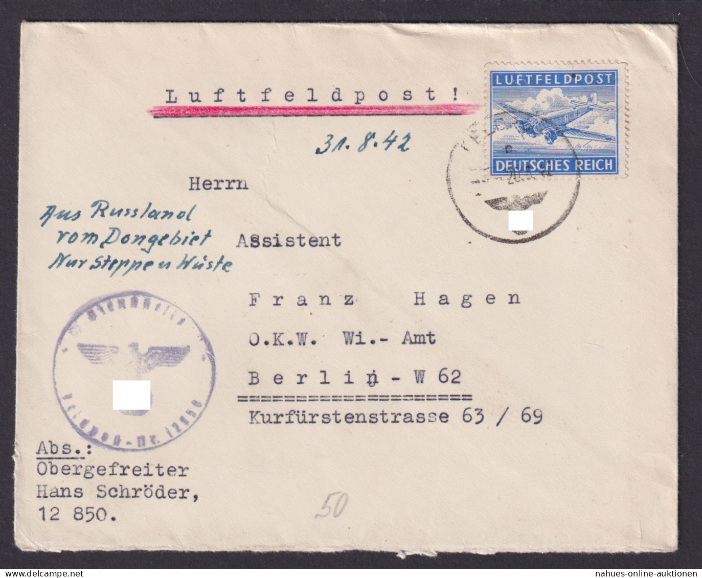 Deutsches Reich Brief An OKW Rüstungsamt Berlin Franz Hagen Luftfeldpost - Lettres & Documents