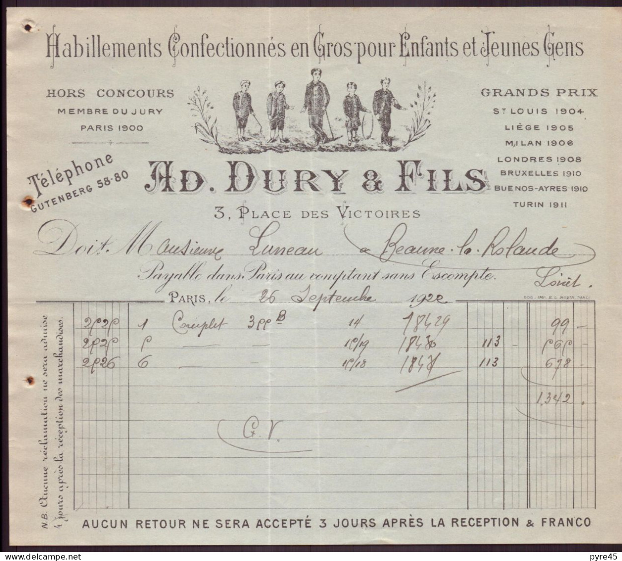 Facture " Dury & Fils " Habillements Pour Enfants, Paris, 1922 - 1900 – 1949