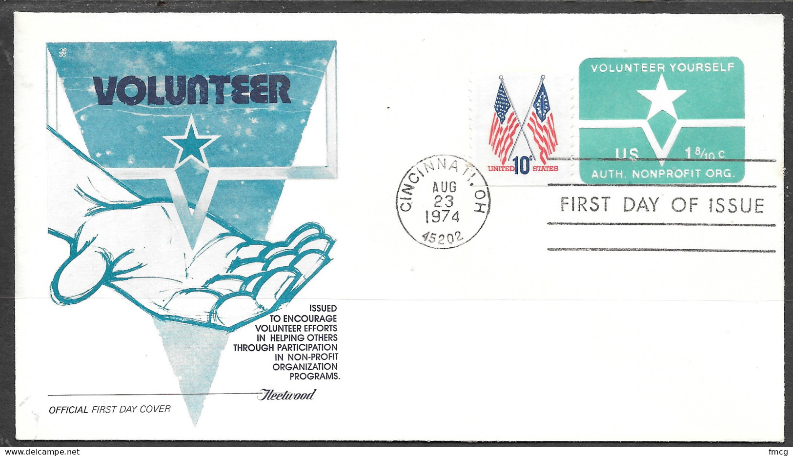 USA FDC Fleetwood Cachet, 1974 1.8 Cents Non-Profit, Volunteer - 1971-1980