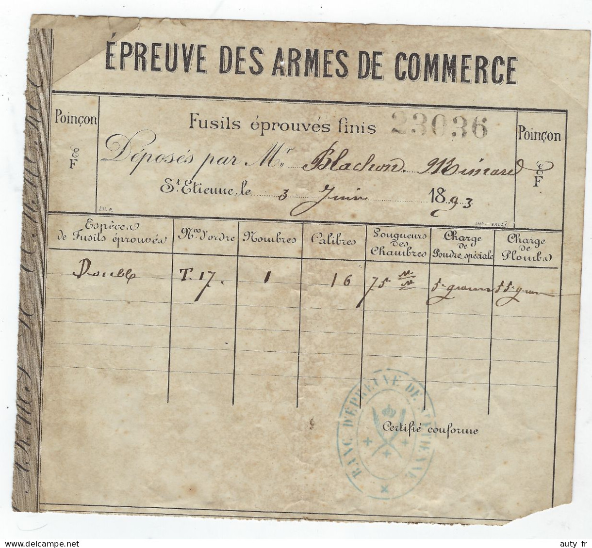 Chasse Epreuve Des Armes De Commerce - Banc Epreuve De ST ETIENNE 1893 - Documenti Storici