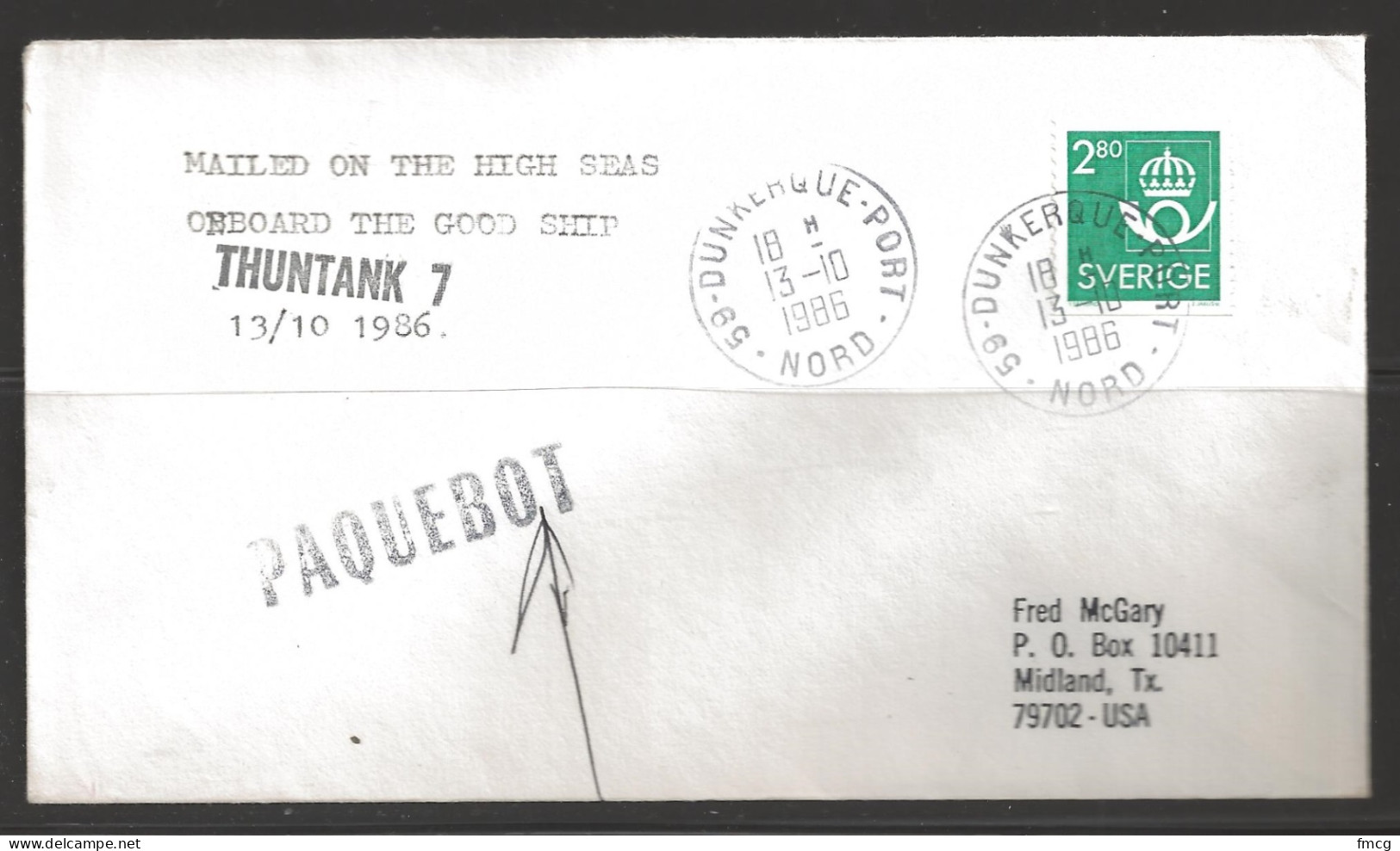 1986 Paquebot Cover, Sweden Stamp Used In Dunkerque, France - Covers & Documents