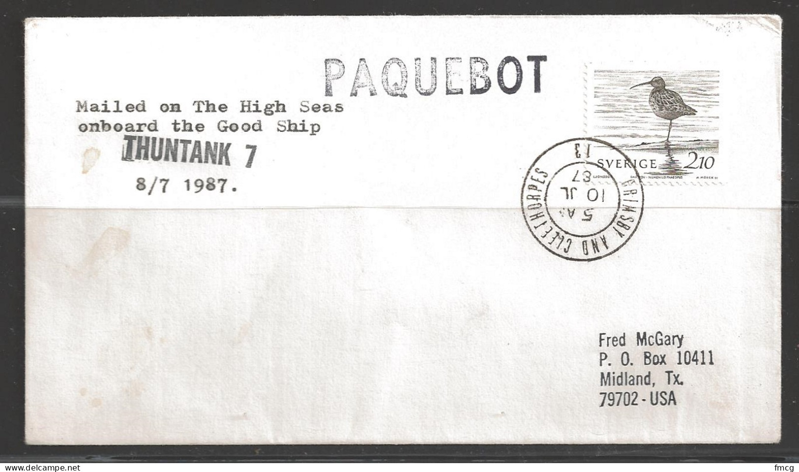 1987 Paquebot Cover, Sweden Stamp Mailed In Grimsby And Cleehorpes, UK - Briefe U. Dokumente