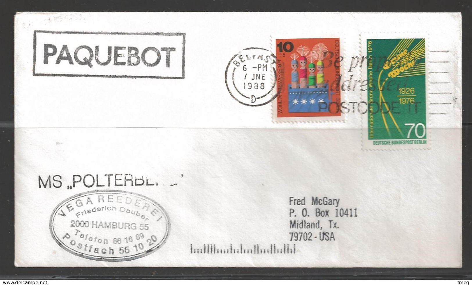 1988 Paquebot Cover, Germany Stamps Mailed In Belfast, N. Ireland, UK - Covers & Documents