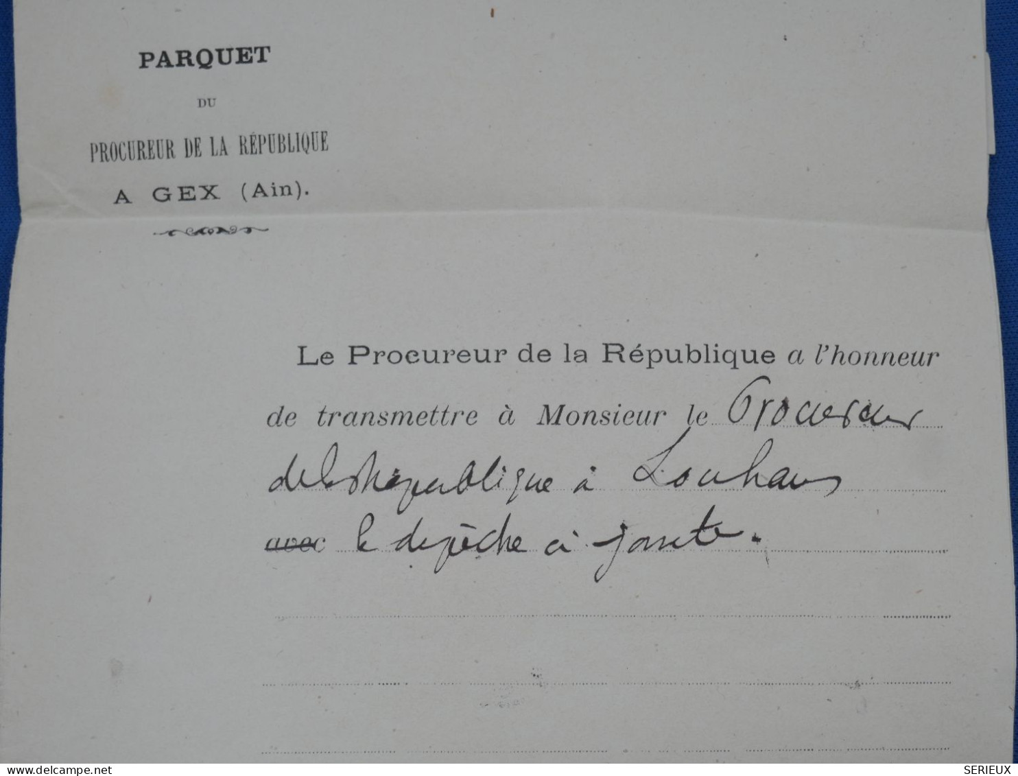 DO19 FRANCE  LETTRE PROCUREUR REPUBLIQUE   1875 PETIT BUREAU  GEX A LOUHANS  +AFF. INTERESSANT++ - 1849-1876: Klassieke Periode