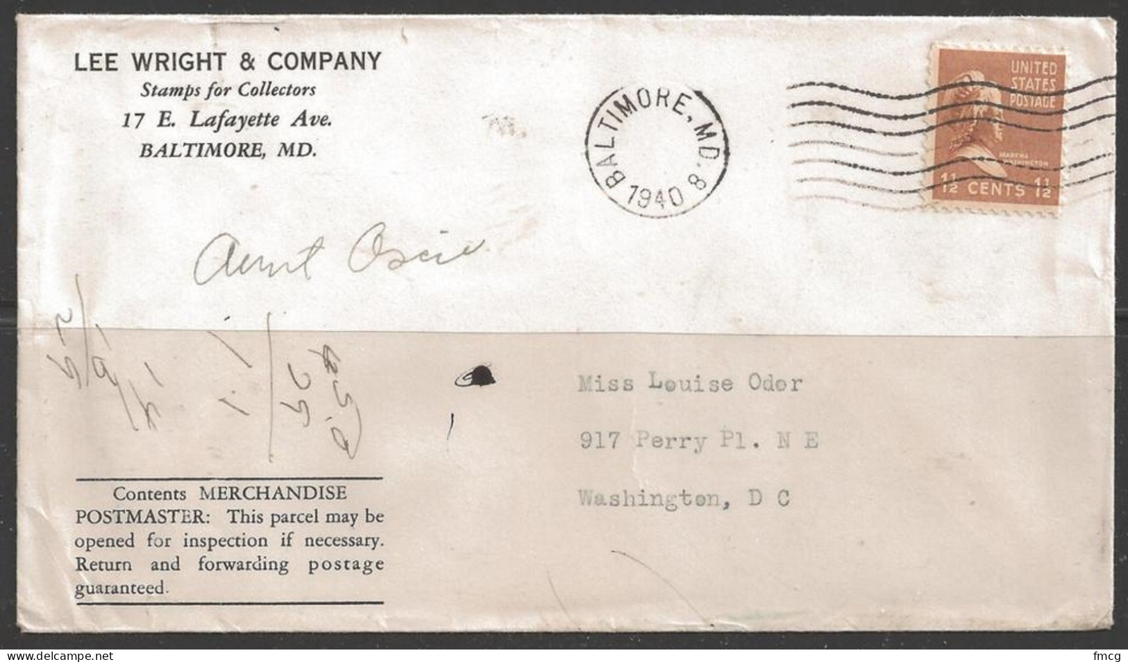 1940 1-1/2 Cent Prexie, Martha Washington, Merchandise Cover, Baltimore - Cartas & Documentos