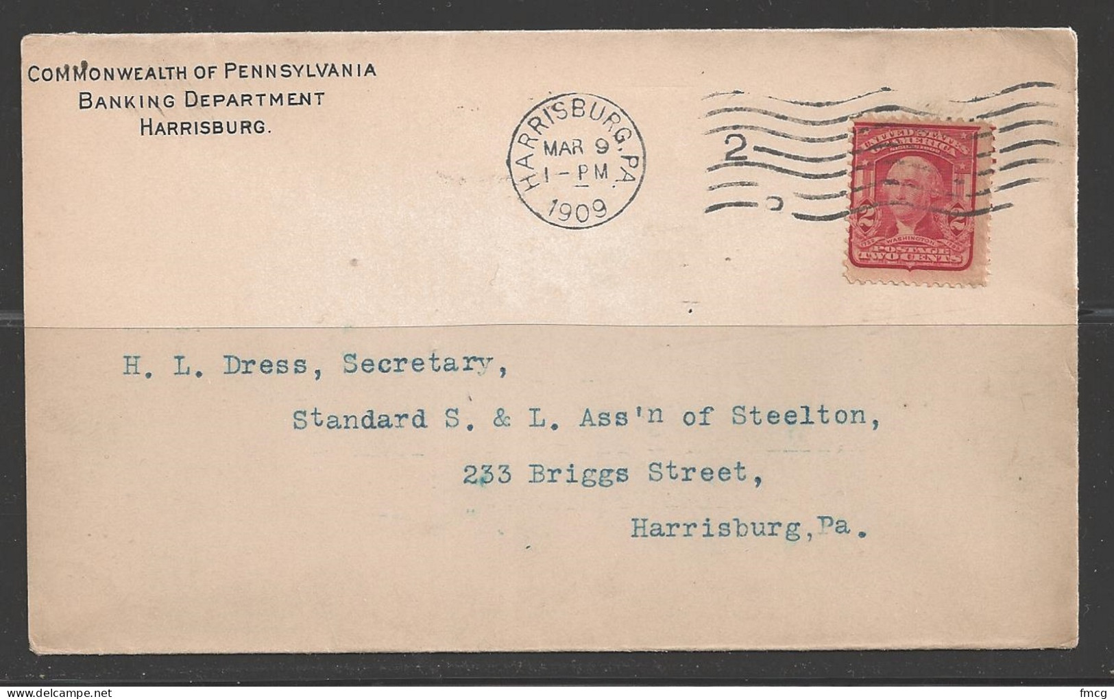 1909 Harrisburg PA (Mar 9) State Banking Department Corner Card - Covers & Documents