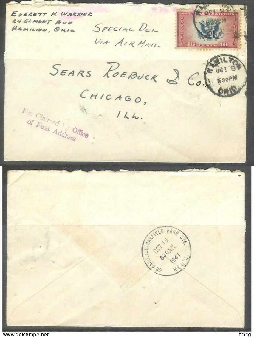 1941 16 Cents Airmail Special Delivery Hamilton Ohio October 9 To Chicago - Lettres & Documents