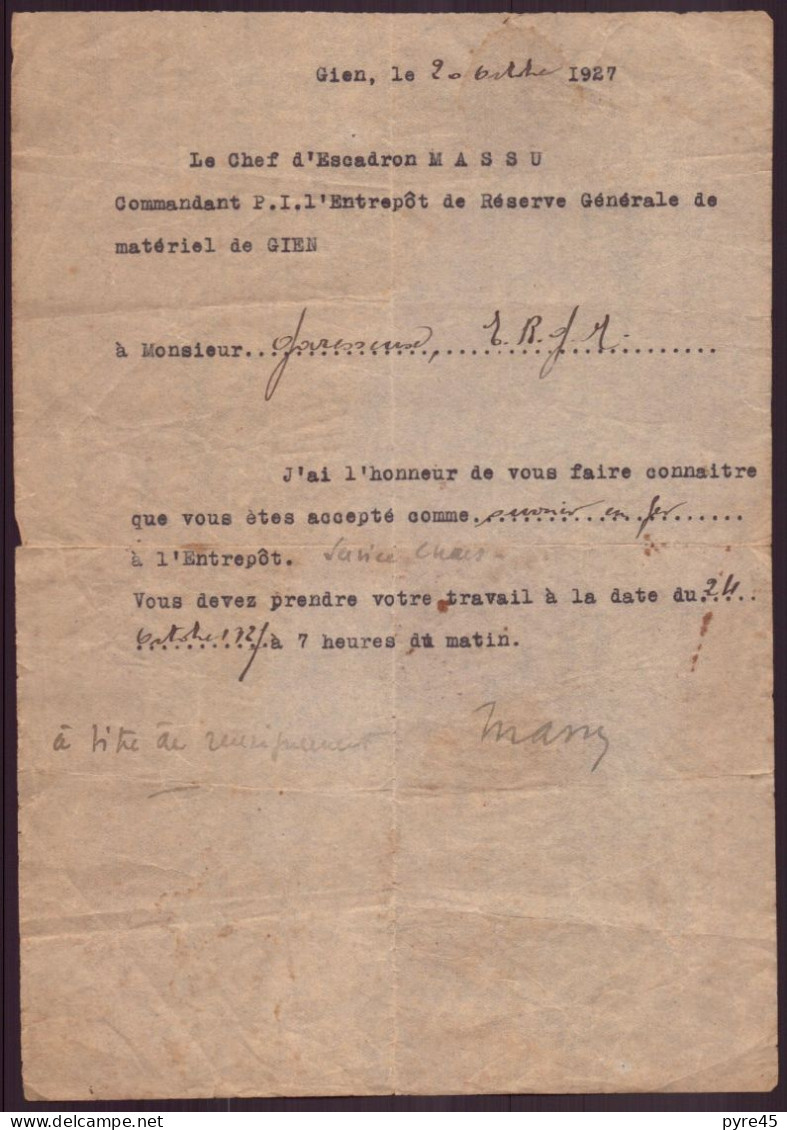 LETTRE DU 2 OCTOBRE 1927 A GIEN DU CHEF D ESCADRON MASSU ERGM - Documents