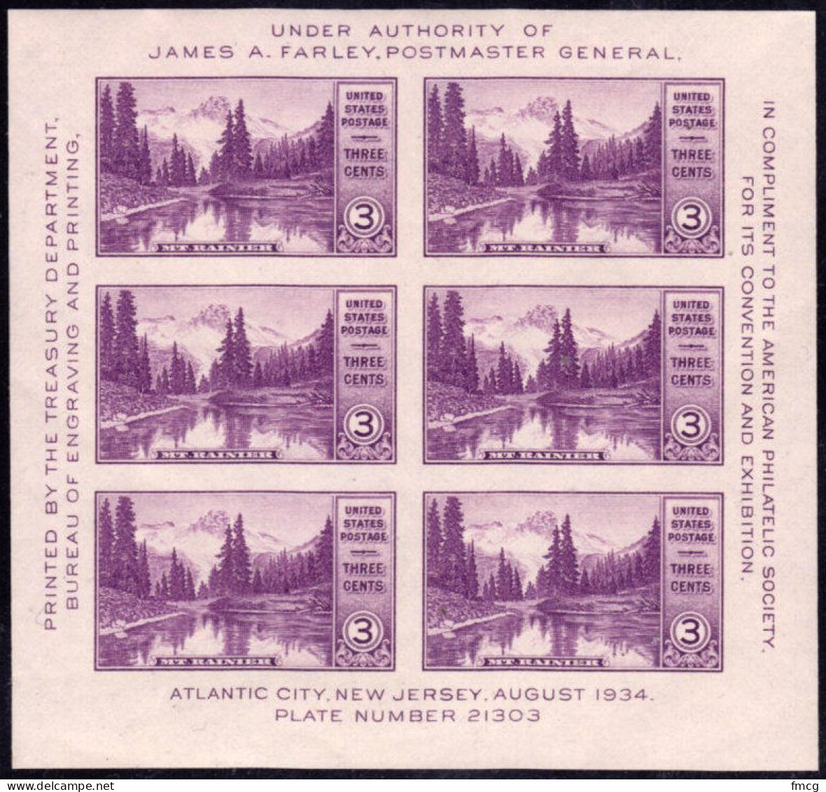1934 Mount Rainier National Park, APS, Sheet Of 6, Mint Never Hinged - Nuevos