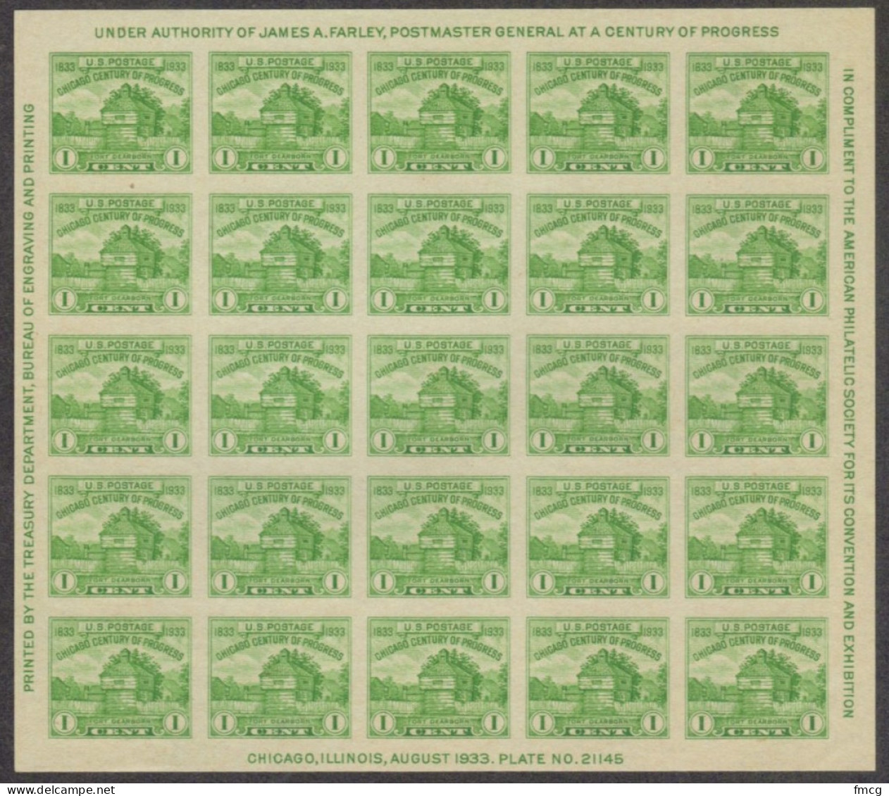 1933 1 Cent Fort Dearborn Sheet, APS, Sheet Of 25, Mint Never Hinged - Unused Stamps