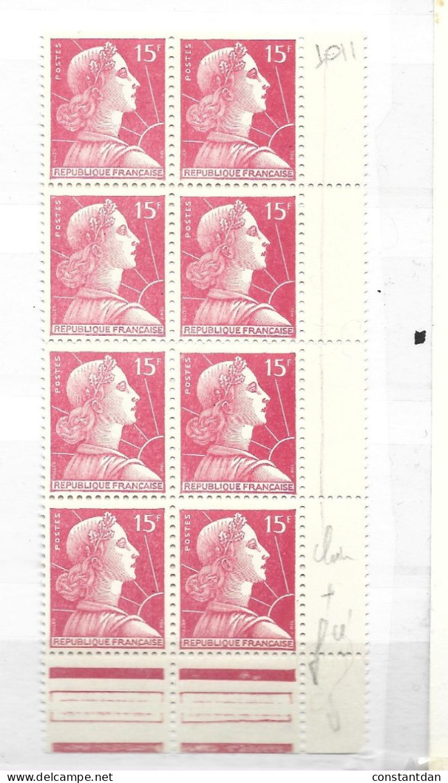 FRANCE N° 1011 15F ROSE CARMIN DE CLAIR A PLUS FONCE BLOC DE 8 NEUF SANS CHARNIERE - Unused Stamps