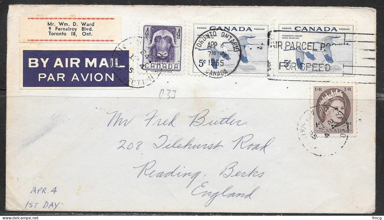 1955 5c Whooping Cranes, 4c Musk Ox, Toronto To England - Lettres & Documents
