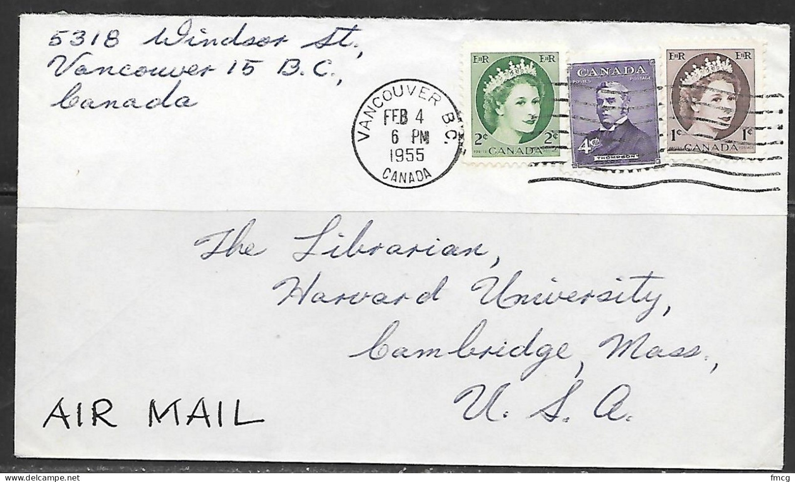 1955 Vancouver (Feb 4) To Mass USA - Lettres & Documents