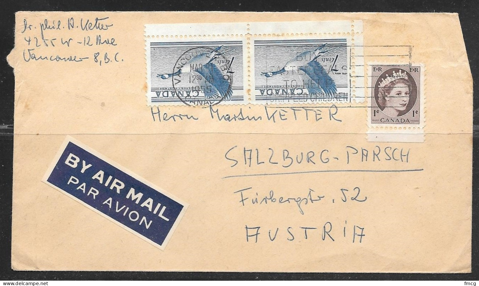 1955 Vancouver (Mar21) To Austria, Goose Stamps - Covers & Documents