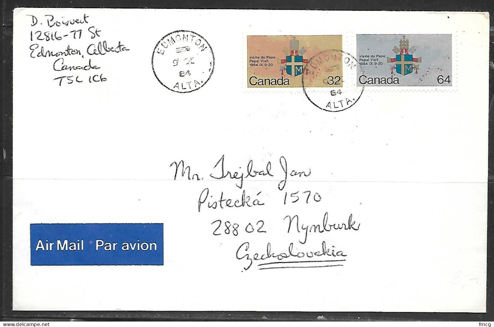 1984 Pope Visit Pair, Edmonton To Czechoslovakia - Briefe U. Dokumente