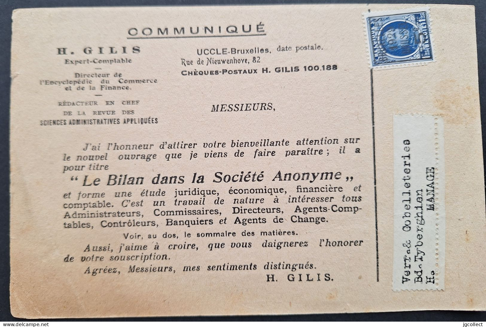Typo [274] (BRUXELLES 1929 BRUSSEL) - GILIS Communicqué - Typos 1922-31 (Houyoux)