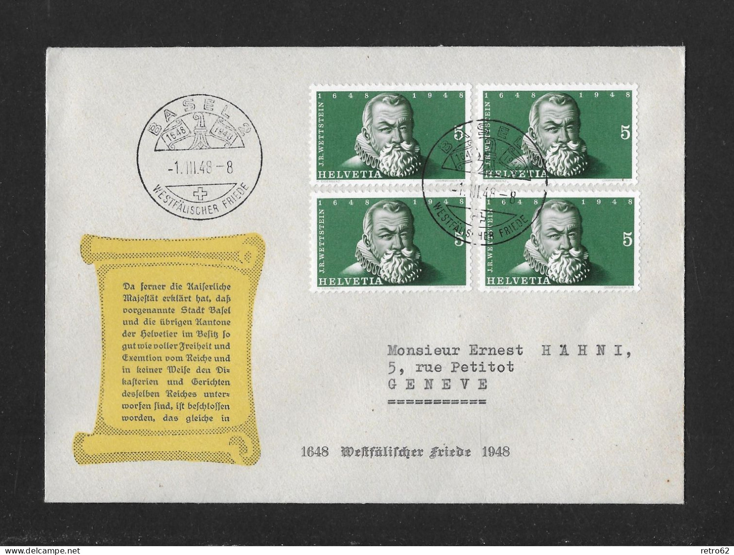 1948 BASEL WESTFÄLISCHER FRIEDE ► Offizieller Briefumschlag Mit Seltenem Zudruck Und Dazu Passender Entwertung - Lettres & Documents