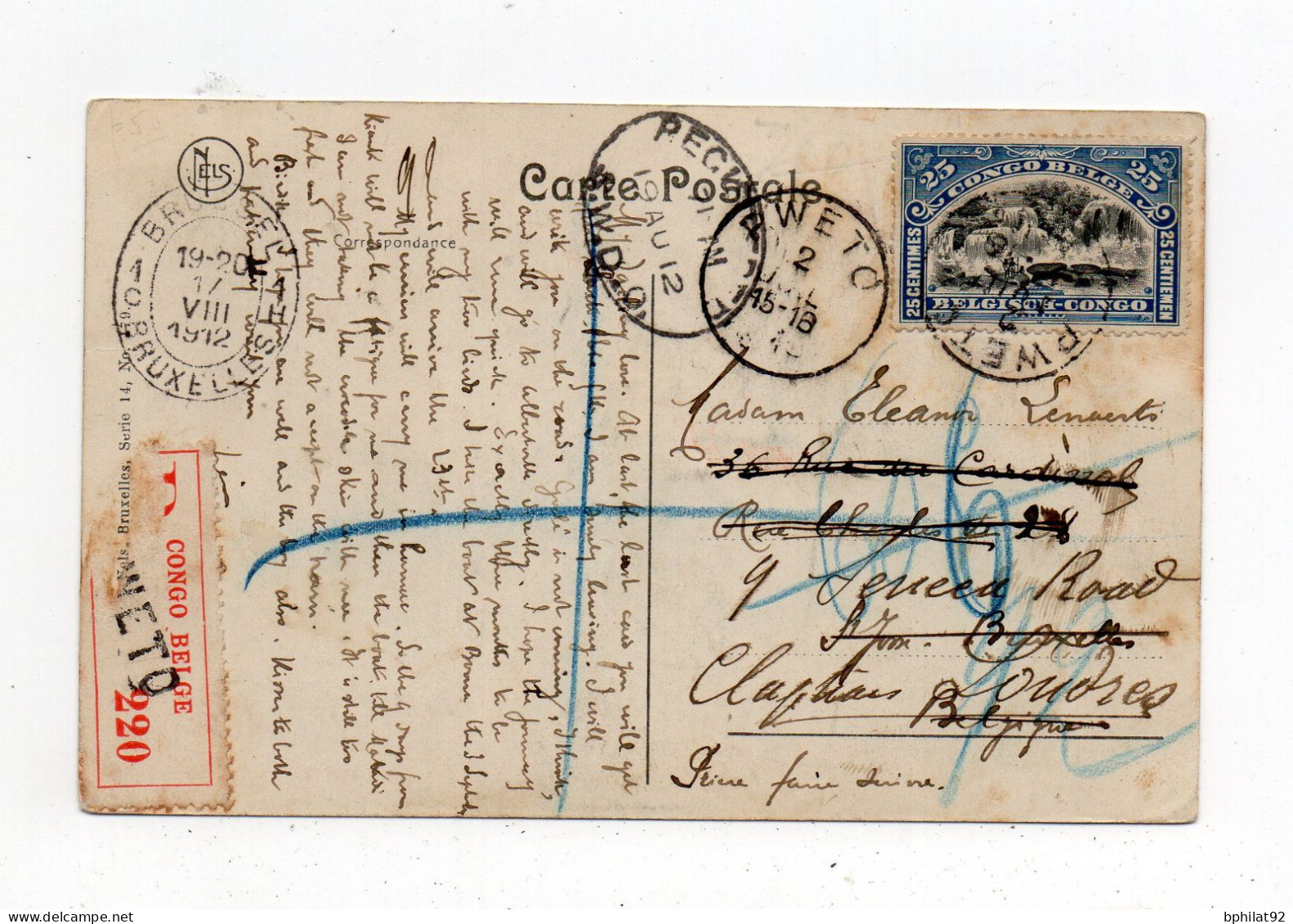 !!! CONGO BELGE, CPA RECOMMANDEE DE PWETO DE 1912 POUR BRUXELLES, REEXP A LONDRES - Covers & Documents