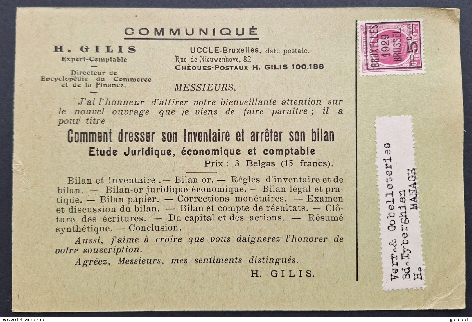 Typo [273] (BRUXELLES 1929 BRUSSEL) - GILIS Communicqué - Typos 1922-31 (Houyoux)
