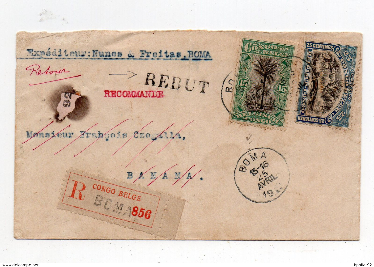 !!! CONGO BELGE, LETTRE RECOMMANDEE DE BOMA DE 1919 POUR BANANA, TOMBEE EN REBUT - Lettres & Documents