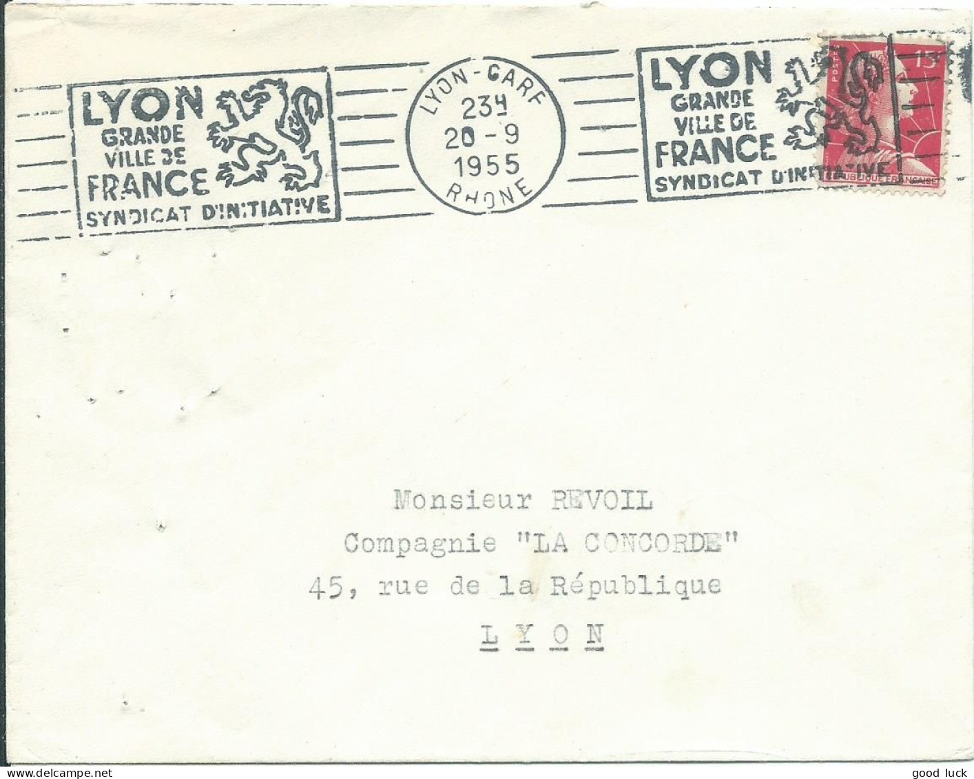 FRANCE LETTRE 15F LYON POUR LYON ( RHONE ) DE 1955 LETTRE COVER - 1921-1960: Période Moderne