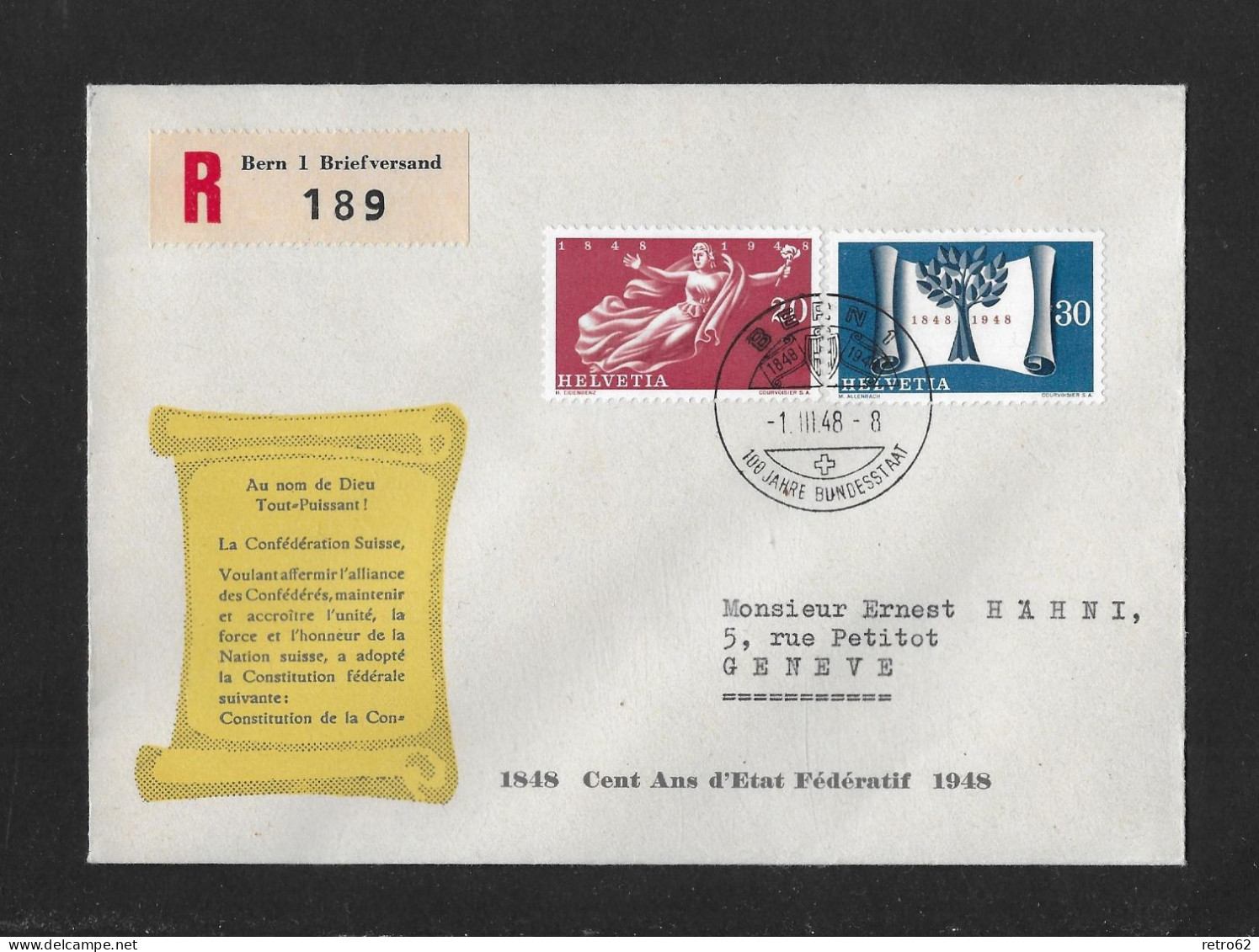 1948  100 JAHRE BUNDESTAAT ► Offizieller R-Briefumschlag Mit Seltenem Zudruck Und Dazu Passender Entwertung - Lettres & Documents