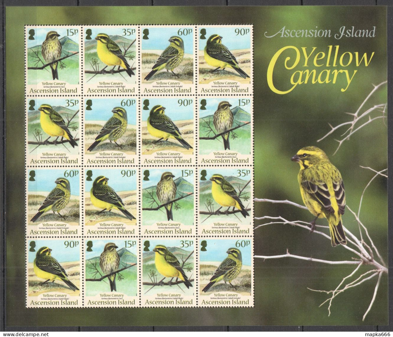 Ft216 2010 Ascension Island Birds Yellow Canary Fauna #1119-21 1Sh Mnh - Other & Unclassified