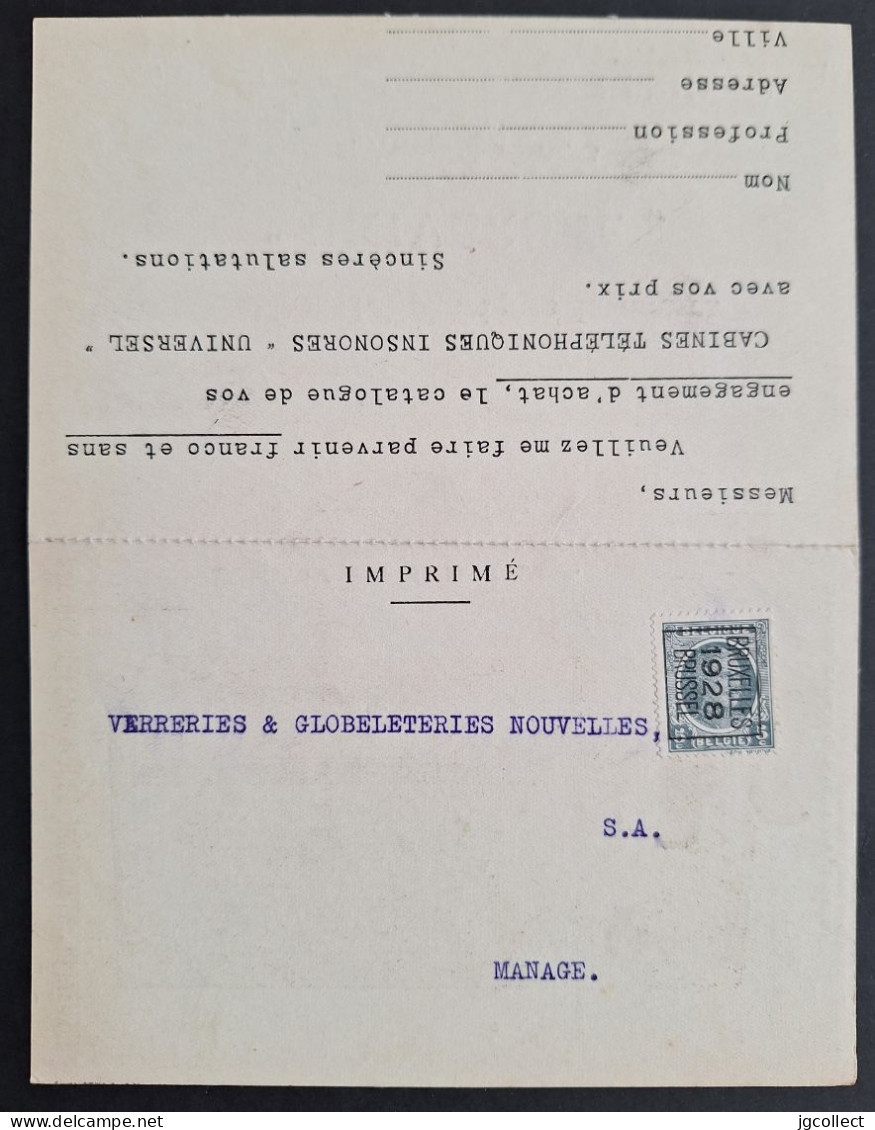 Typo 128B (BRUXELLES 1928 BRUSSEL) - Carte Response - Cabine Téléphoniques - Typo Precancels 1922-31 (Houyoux)