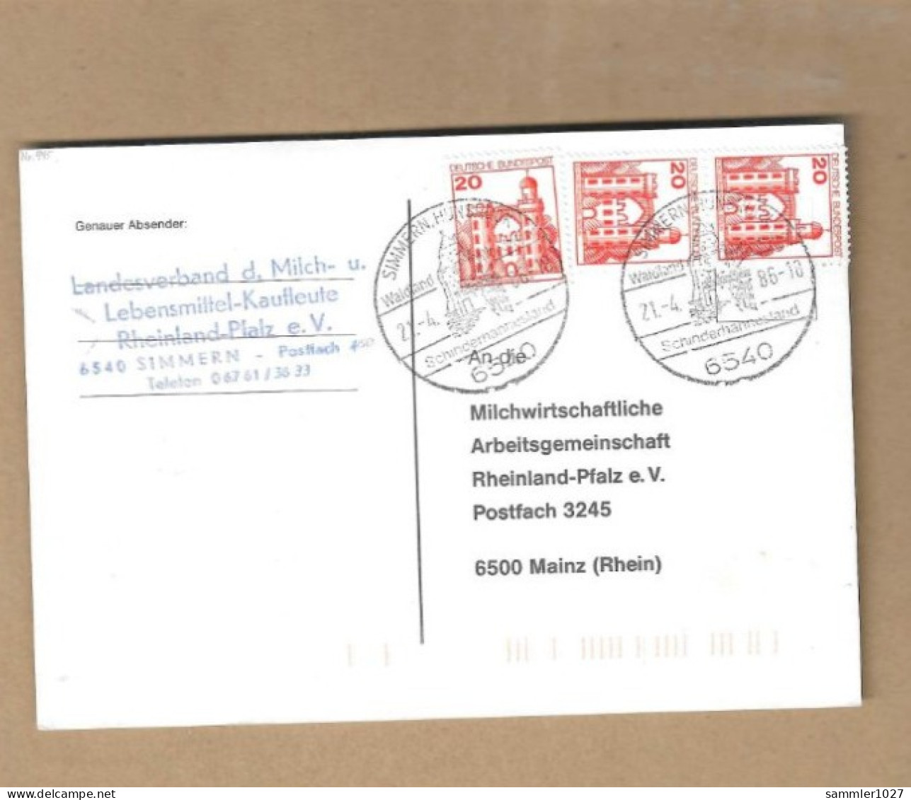 Los Vom 17.05 - Postkarte Aus Simmern 1986 - Briefe U. Dokumente