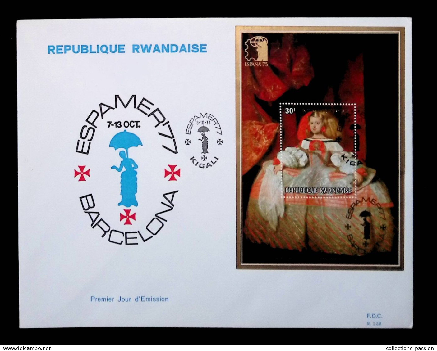 CL, FDC, République Rwandaise, Rwanda, Kigali, 3-10-1977, Espamer'77, Barcelona, Velasquez,  Frais Fr 1.95 E - 1970-1979