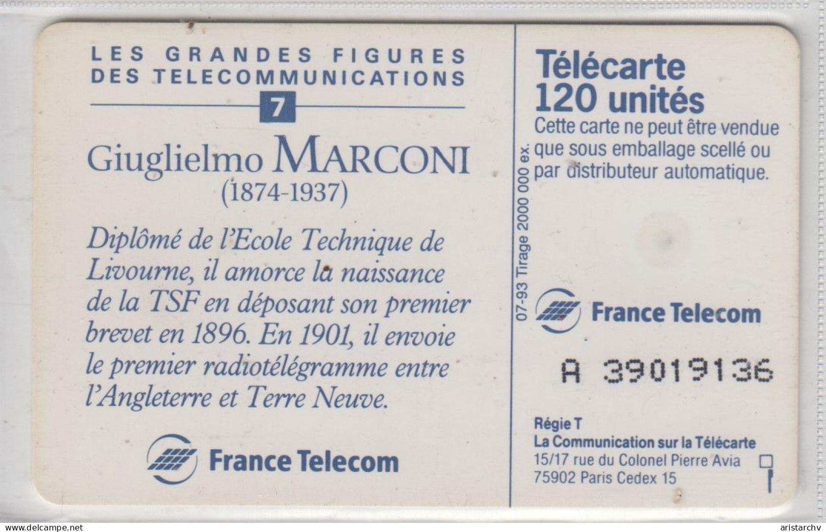 FRANCE 1993 GIUGLIELMO MARCONI INVENTOR RADIO TECHNICS PHYSICS NOBEL PRIZE - 1993