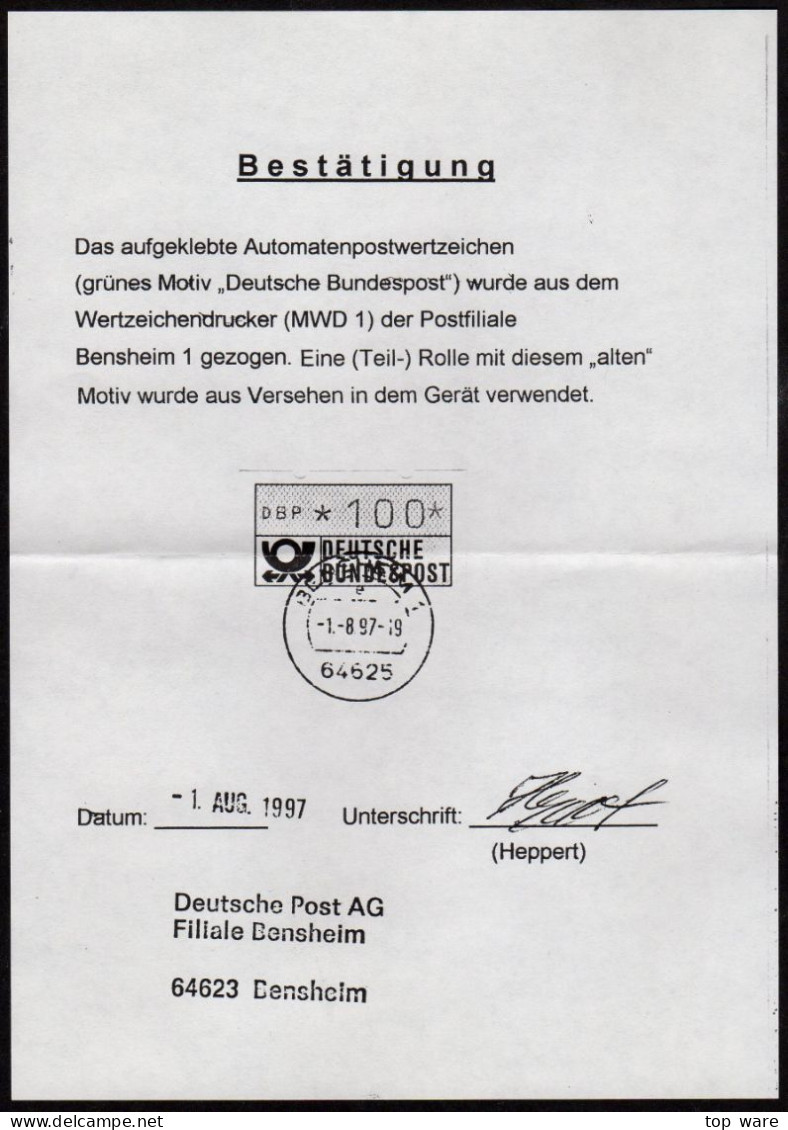 Deutschland Bund ATM 1.1 Hv Weißer Gummi / Spätverwendung 1997 / Satz TS7 Voll-O 1.8.97 Bensheim + Bestätigung - Timbres De Distributeurs [ATM]