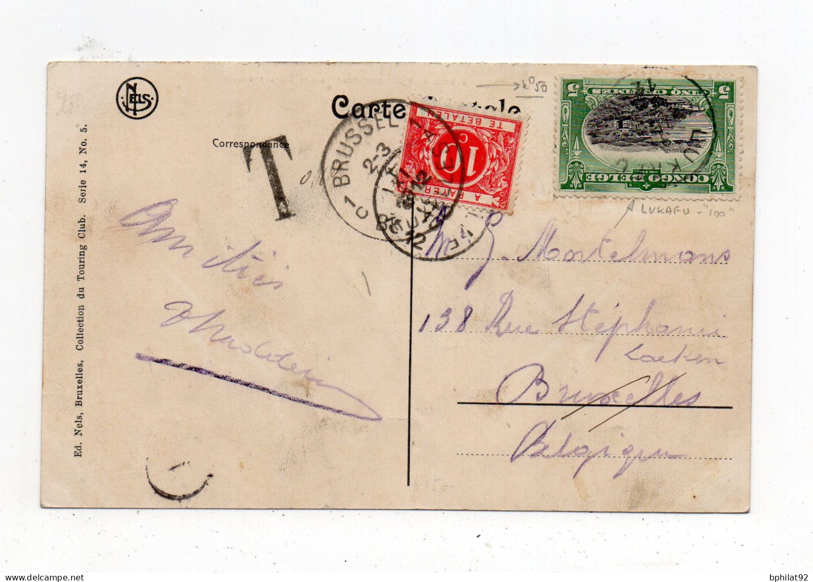 !!! CONGO BELGE, CPA DE 1912 POUR BRUXELLES TAXEE A L'ARRIVEE, CACHET DE LUKAFU - Cartas & Documentos